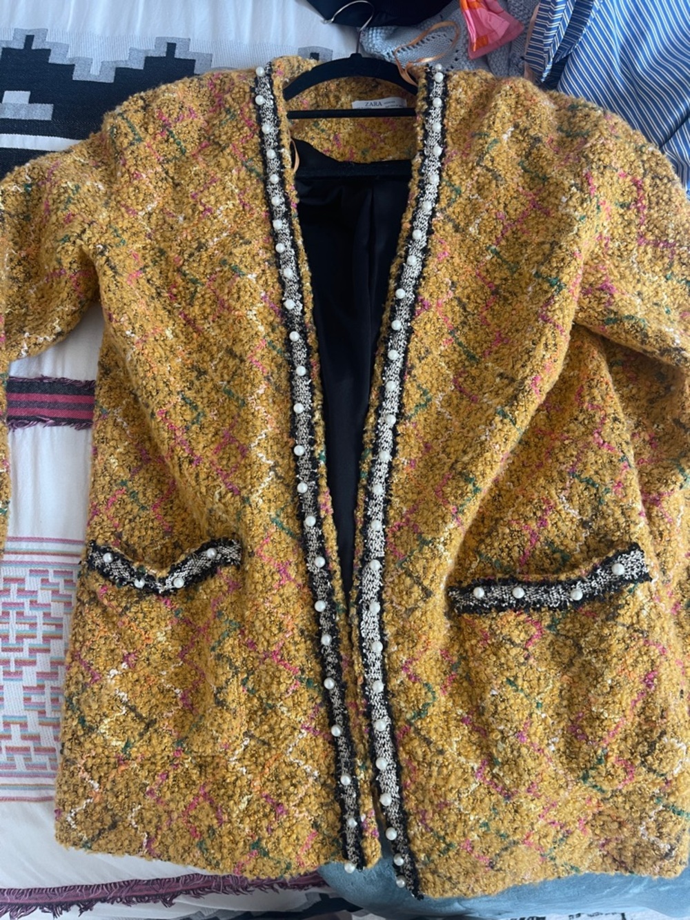 Zara Mustard Tweed Bouclé Blazer with Black & White Embellished Trim